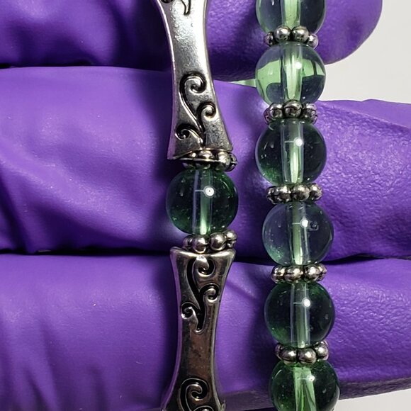 Women's Set Of 2 Silver & Green  Beaded Stretchy Bracelet -  Fashion Jewelry - Picture 5 of 7